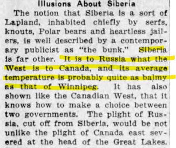  Edmonton Journal, Jan 5, 1918 article: Russian weather "probably quite as balmy as that of Winnipeg"