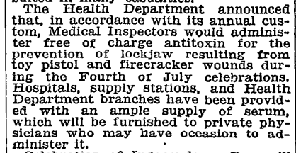 New York to administer free lockjaw antitoxin for July 4 injuries - 1915 New York Times article