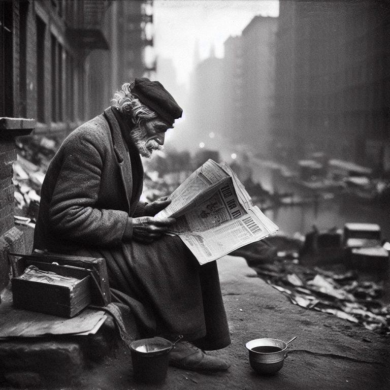 Poor old man in Lower East Side ~1915 reading a newspaper (AI generated image)