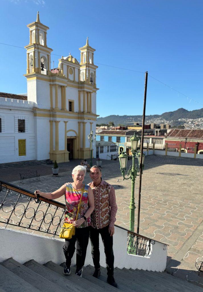 Tema & DH in front of La Merced Church, which is next to the Museo del Ambar. 