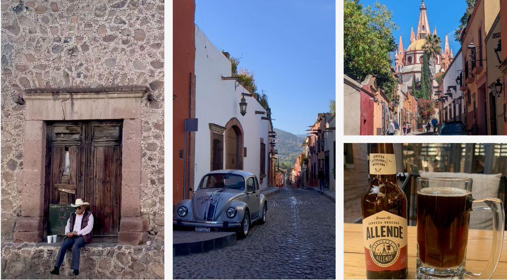 photos in and around San Miguel de Allende: cowboy on stone step; old VW beetle, cathedral, local beer