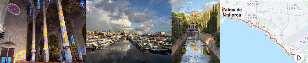 scenes from Palma de Mallorca, Spain: cathedral, pleasure boat harbour, Torrent de sa Riera, coastal bike path.