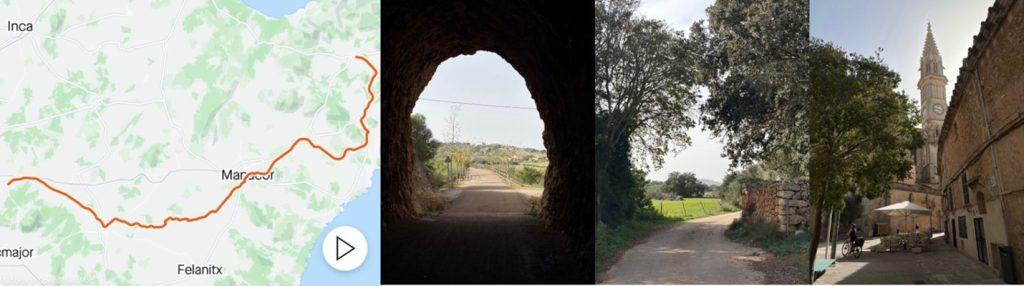 Day 8: route map from Arta to Algaida, one of the tunnels on the converted rail bed, the cathedral at Manacor with Zero Pi in the foreground.