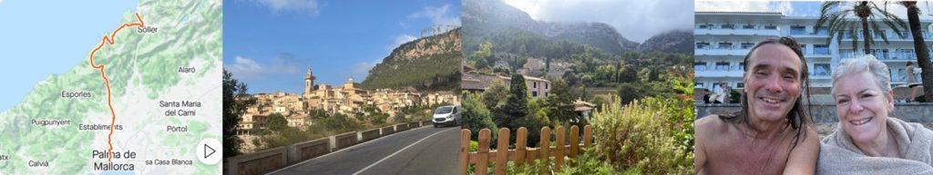 Day 1: route map, view approaching Vallademossa, view from our restaurant in Deia, us at the beach at Port de Sóller.