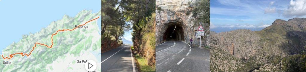 Day 2: route map from Port de Sóller to Port de Pollença; road up, one of the tunnels, and view from the summit of the Puig Major.