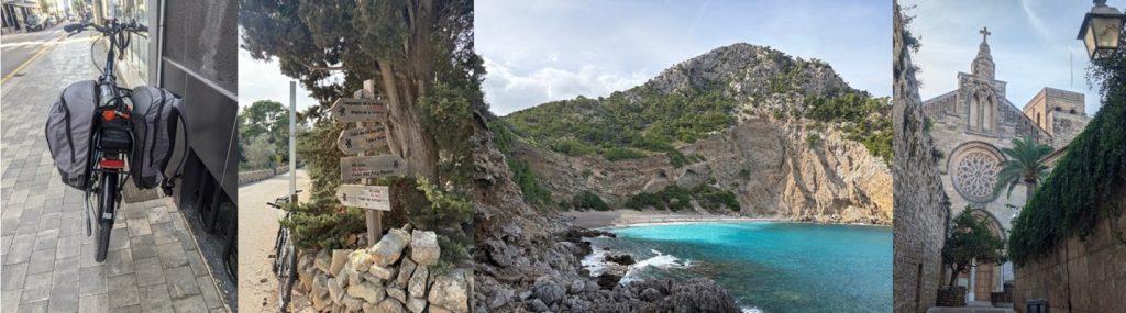 Day 5: panniers on Tema’s bike, back road and walking route signs, platja coll baix, church in Alcudia.