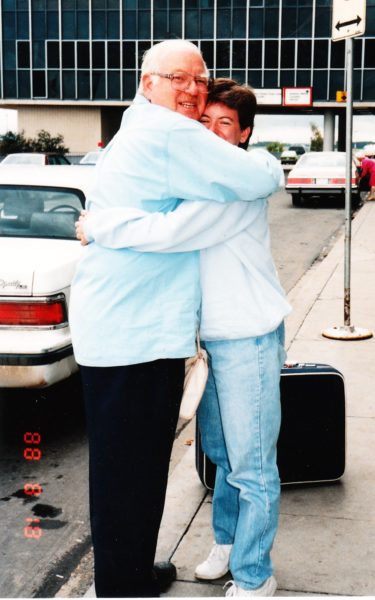 One of many hugs goodbye at the Edmonton airport - Tema and her Dad